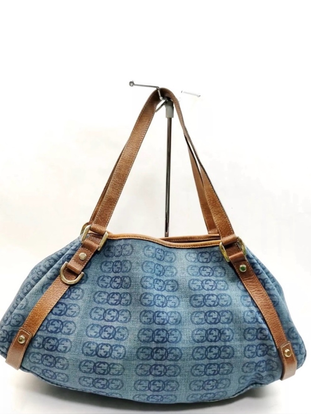 GUCCI Abbey Denim Leather Tote Bag with leather trim